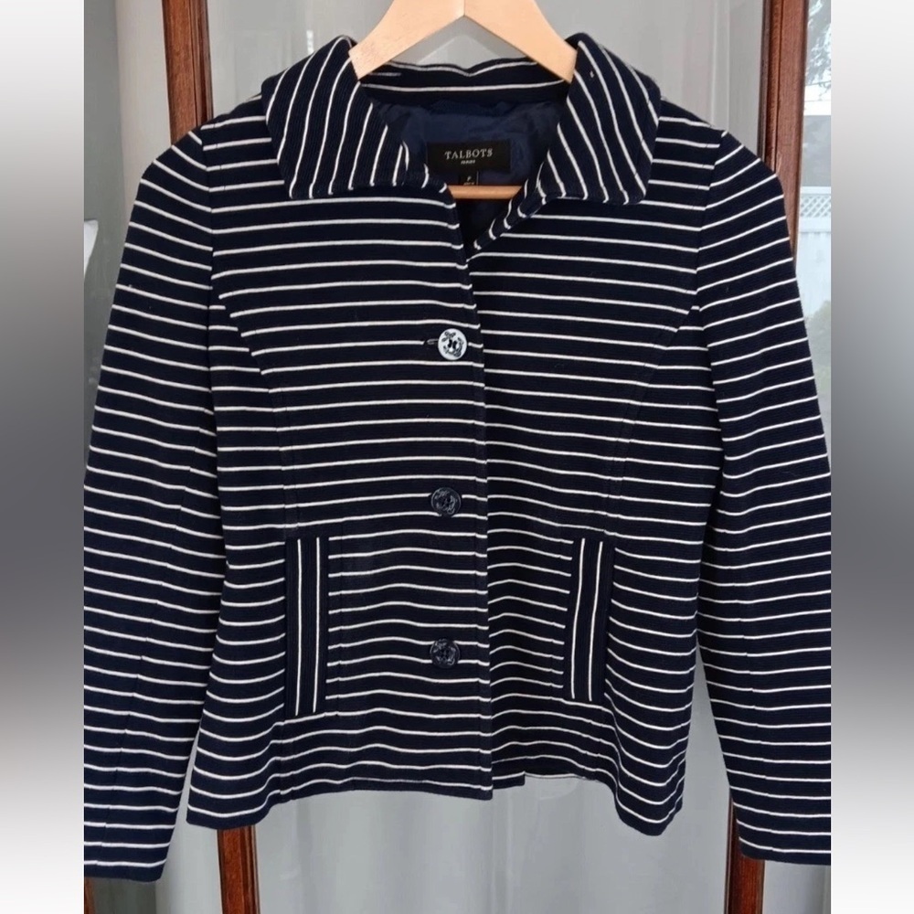 TALBOTS Navy White‎ Striped Nautical Button Up Ponte Knit Jacket Petite Small P